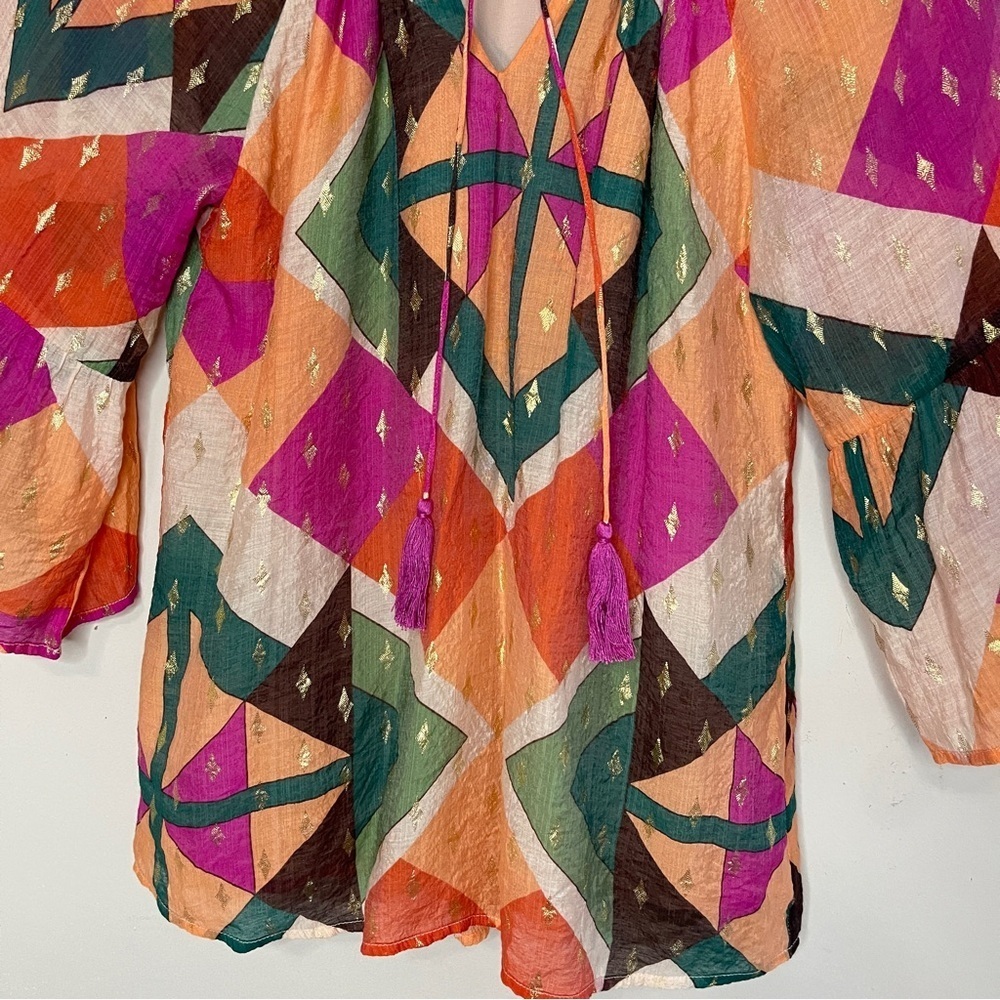 JADE By Melody Tam Bell Sleeve Geometric Print Blouse, Small - Picture 4 of 10